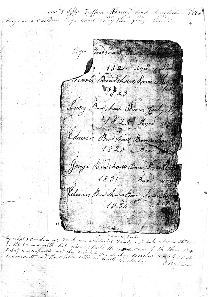 Sheet from Edwin Bradshaw's bible